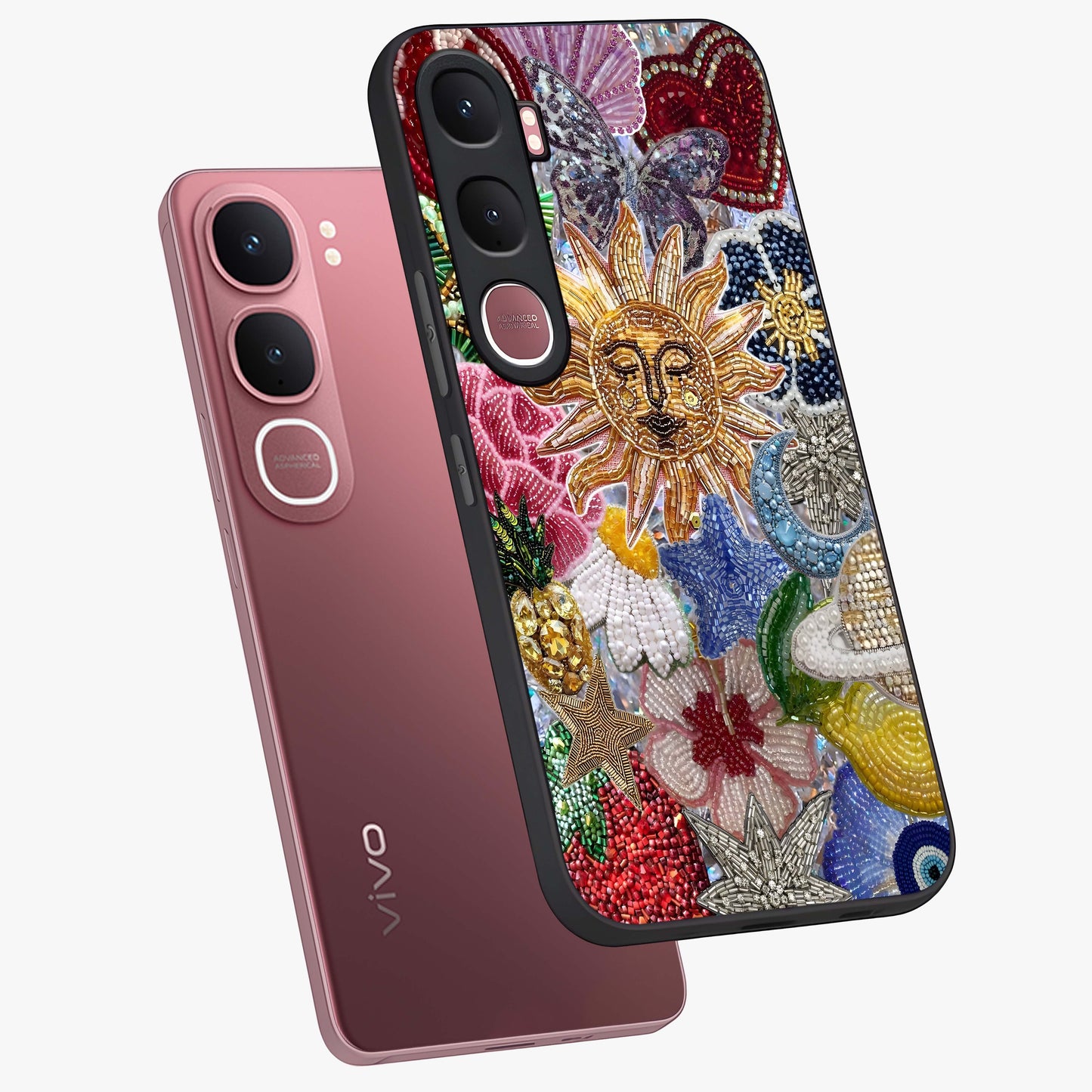 Celestial Floral and Playful Glass Case displayed in angled mockup highlighting playful floral design with dreamy celestial elements.