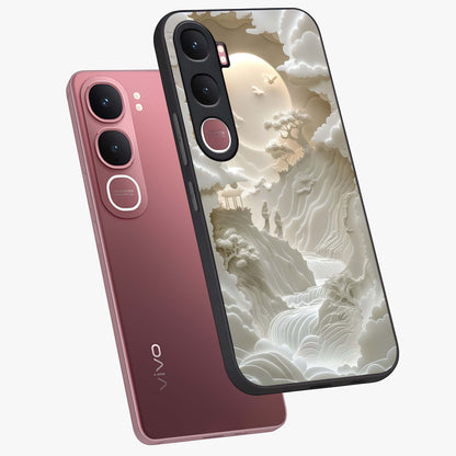 Celestial Origami Glass Case displayed in angled mockup highlighting geometric origami design with cosmic aesthetic theme.