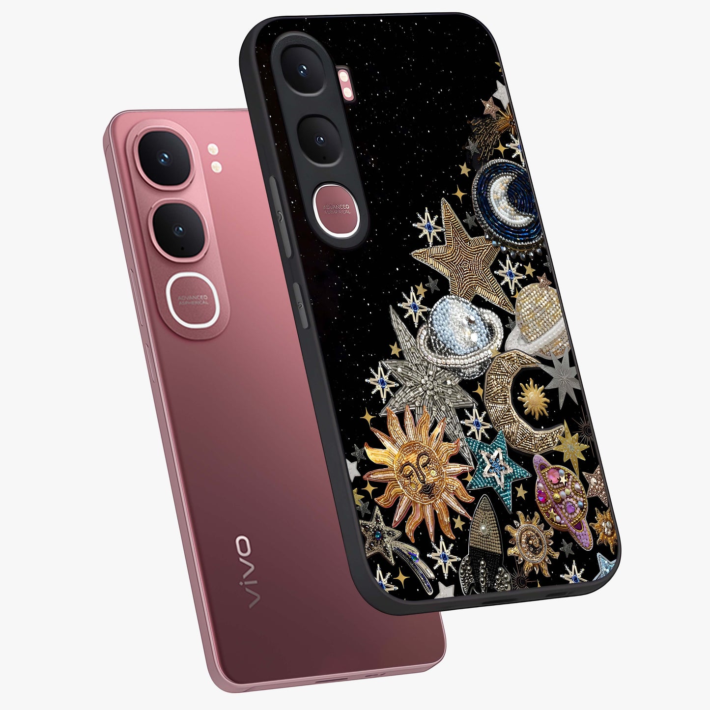 Cosmic Sparkle Dreams Glass Case displayed in angled mockup highlighting dreamy star sparkle design with celestial aesthetic.