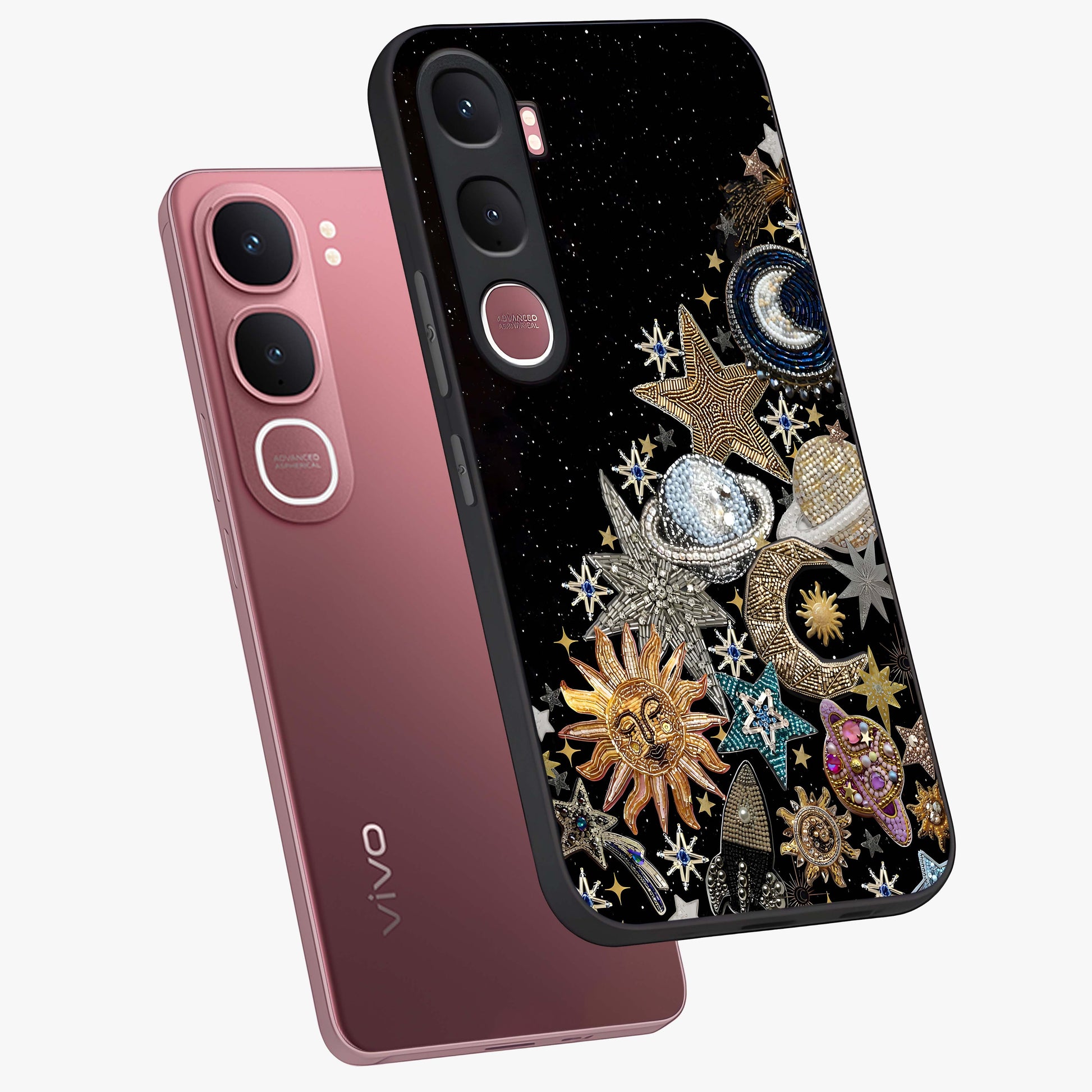 Cosmic Sparkle Dreams Glass Case displayed in angled mockup highlighting dreamy star sparkle design with celestial aesthetic.