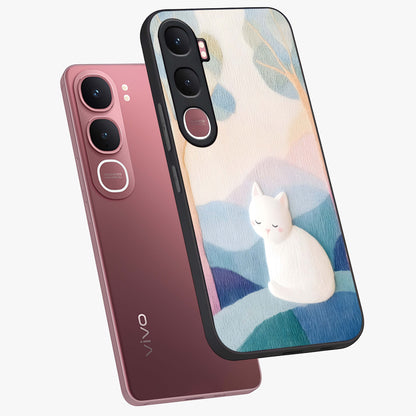 Cotton Dream Cat Glass Case displayed in angled mockup highlighting cute feline illustration with pastel aesthetic style.