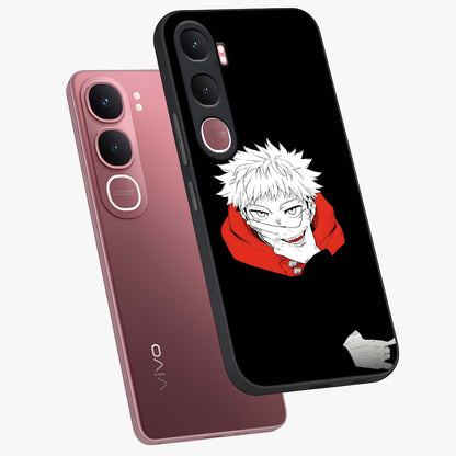 Crimson Chaos Smile Glass Case displayed in angled mockup highlighting edgy crimson smile design with graphic aesthetic.