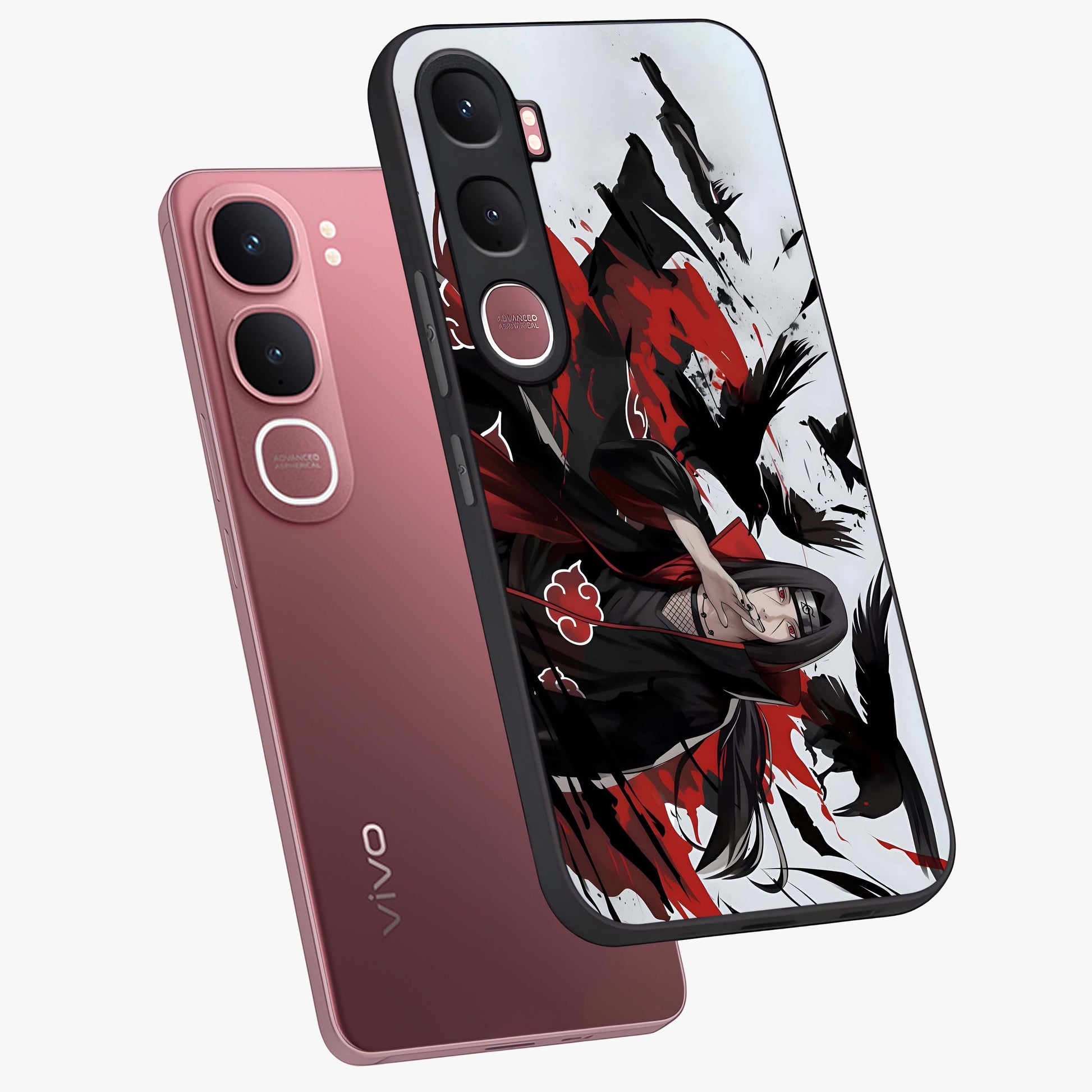 Crimson Crow Illusion Glass Case displayed in angled mockup highlighting mysterious crow graphic with dark aesthetic style.
