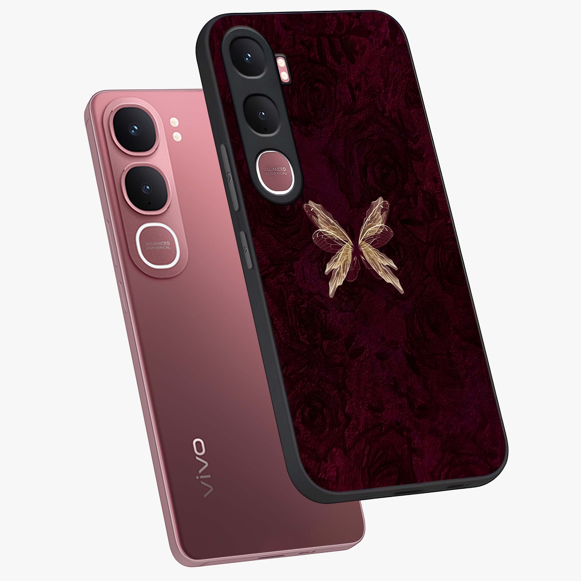Crimson Fade Butterfly Glass Case displayed in angled mockup highlighting elegant butterfly design with crimson gradient aesthetic.