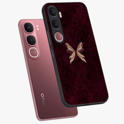 Crimson Fade Butterfly Glass Case displayed in angled mockup highlighting elegant butterfly design with crimson gradient aesthetic.