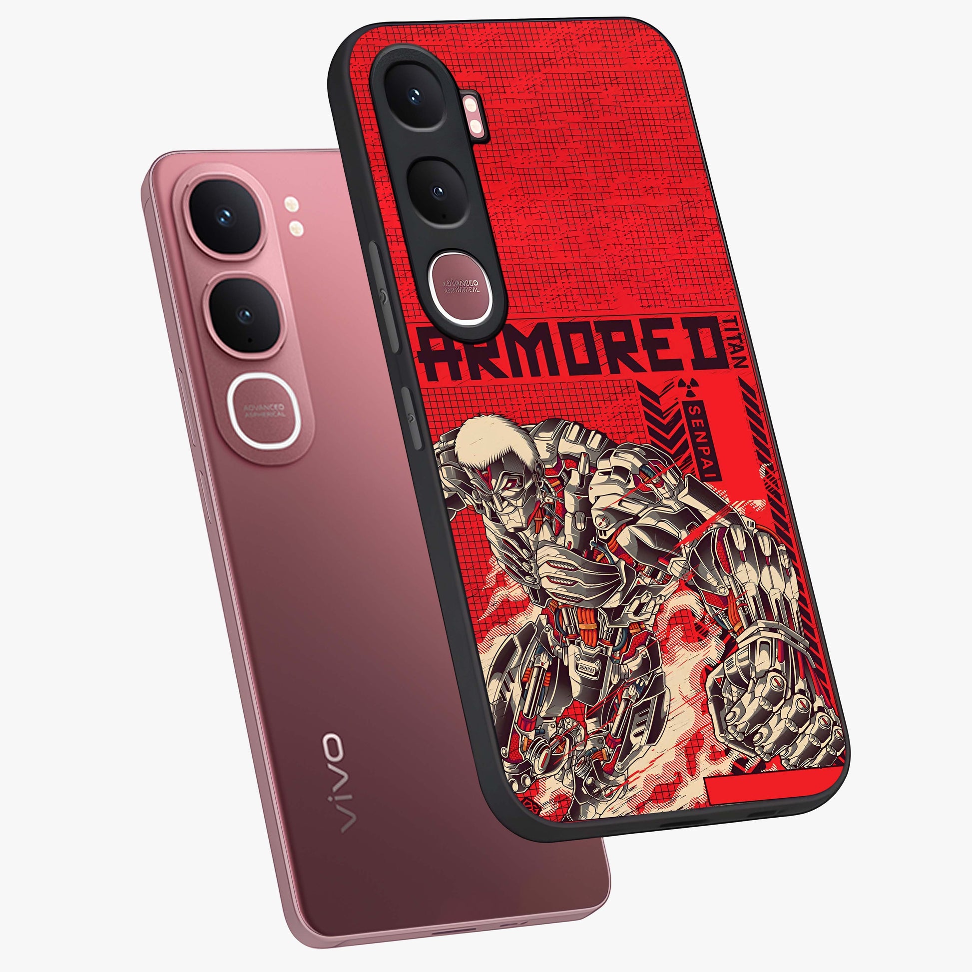 Crimson Mecha Titan Glass Case displayed in angled mockup highlighting futuristic mech illustration with bold crimson aesthetic.
