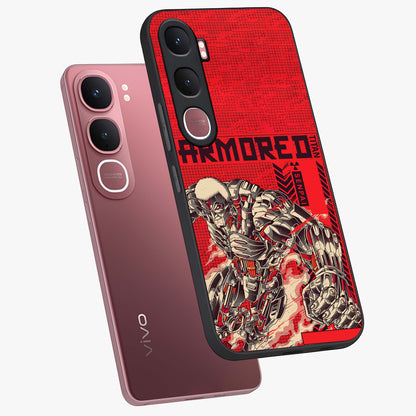 Crimson Mecha Titan Glass Case displayed in angled mockup highlighting futuristic mech illustration with bold crimson aesthetic.