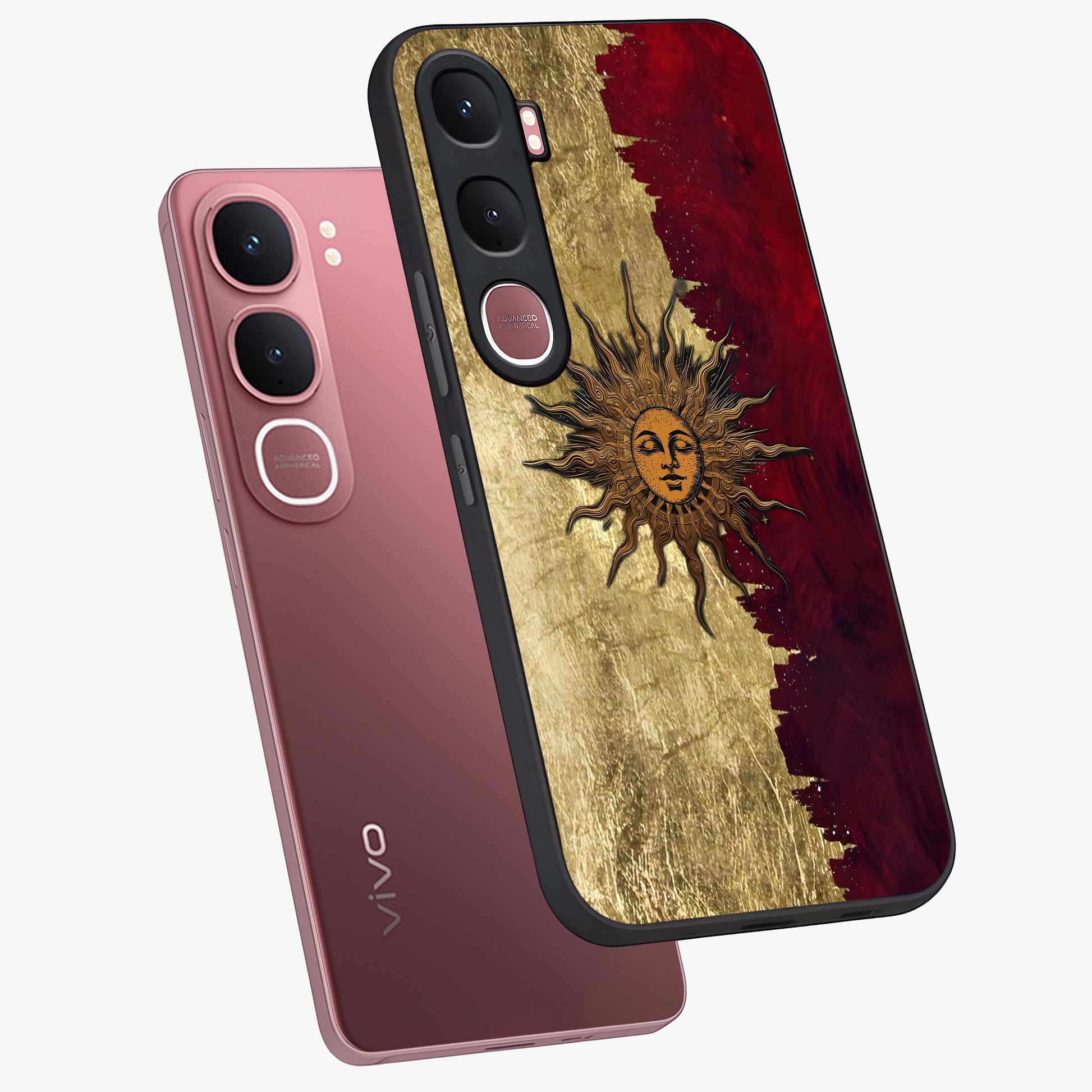 Crimson Sun Majesty Glass Case displayed in angled mockup highlighting majestic crimson sun design with bold aesthetic style.
