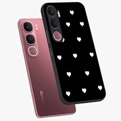 Cute And Simple White Hearts Glass Case displayed in angled mockup highlighting cute heart design with clean aesthetic style.