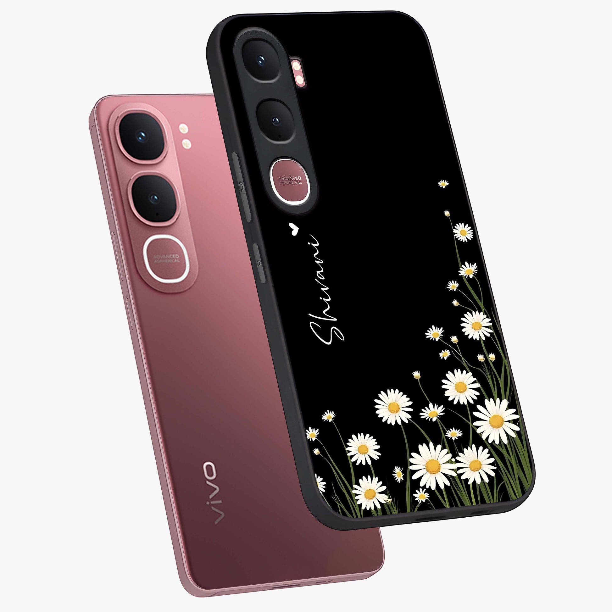 Daisy Cascade Custom Name Glass Case displayed in angled mockup highlighting delicate daisy artwork with custom name feature.