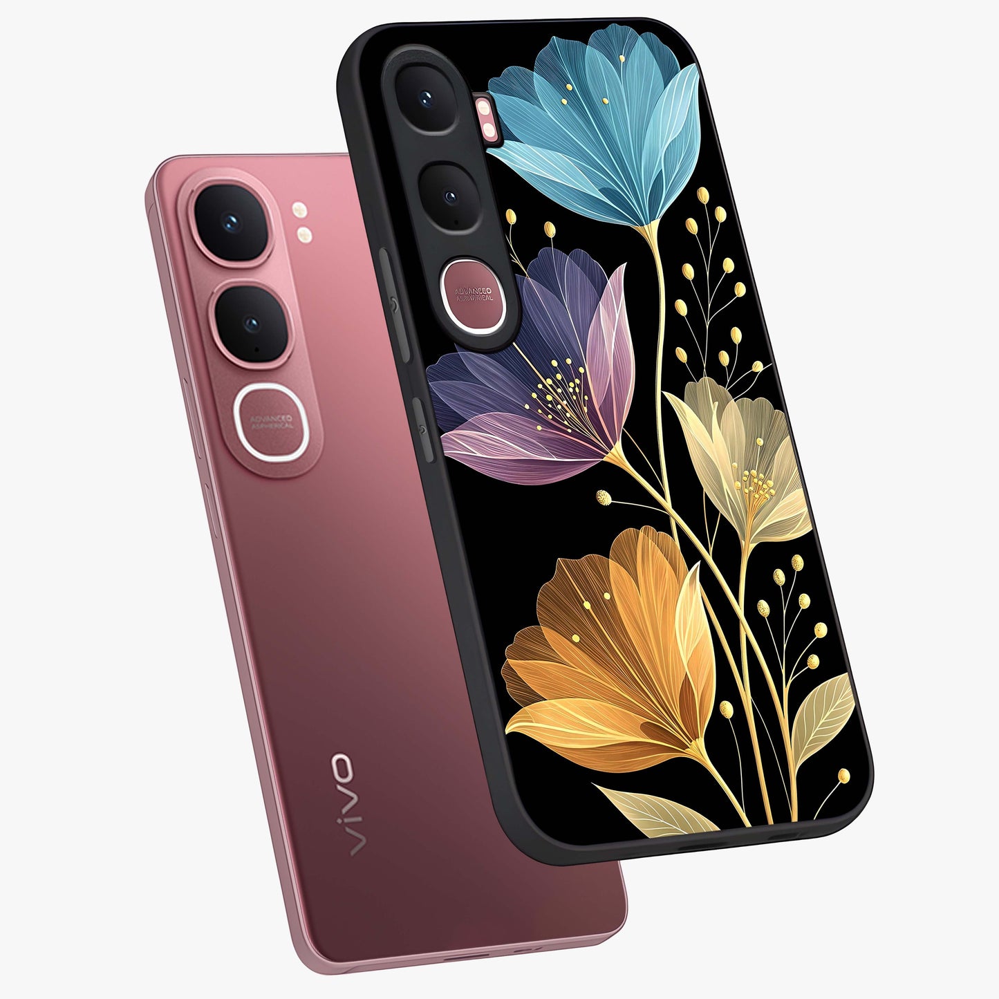 Delicate Multicolor Flowers Glass Case displayed in angled mockup highlighting colorful flower pattern with soft aesthetic style.