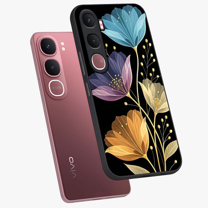 Delicate Multicolor Flowers Glass Case displayed in angled mockup highlighting colorful flower pattern with soft aesthetic style.