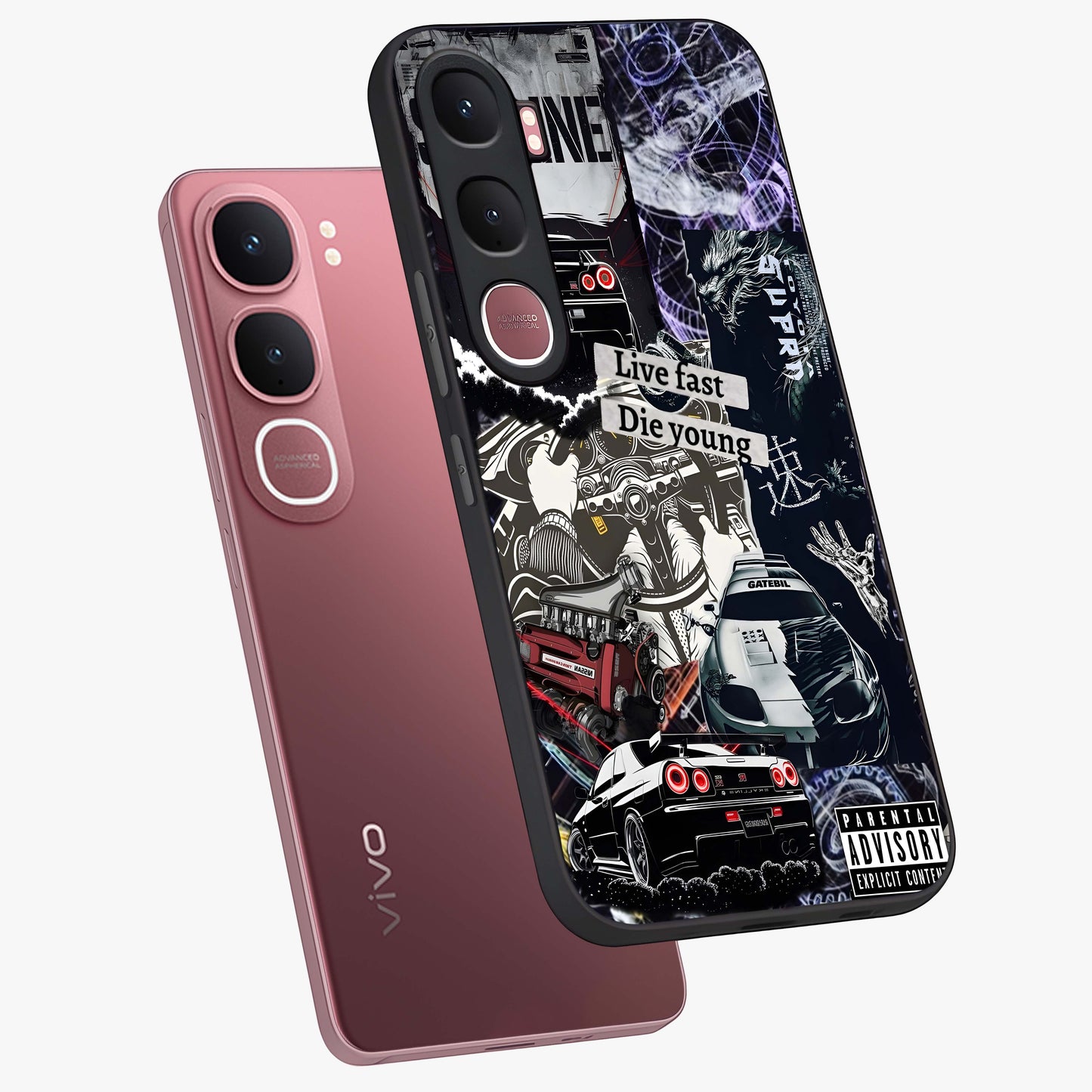 Die Young Glass Case displayed in angled mockup highlighting expressive graphic artwork with edgy aesthetic style.
