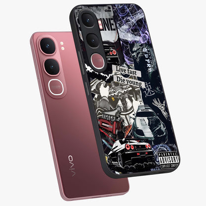 Die Young Glass Case displayed in angled mockup highlighting expressive graphic artwork with edgy aesthetic style.