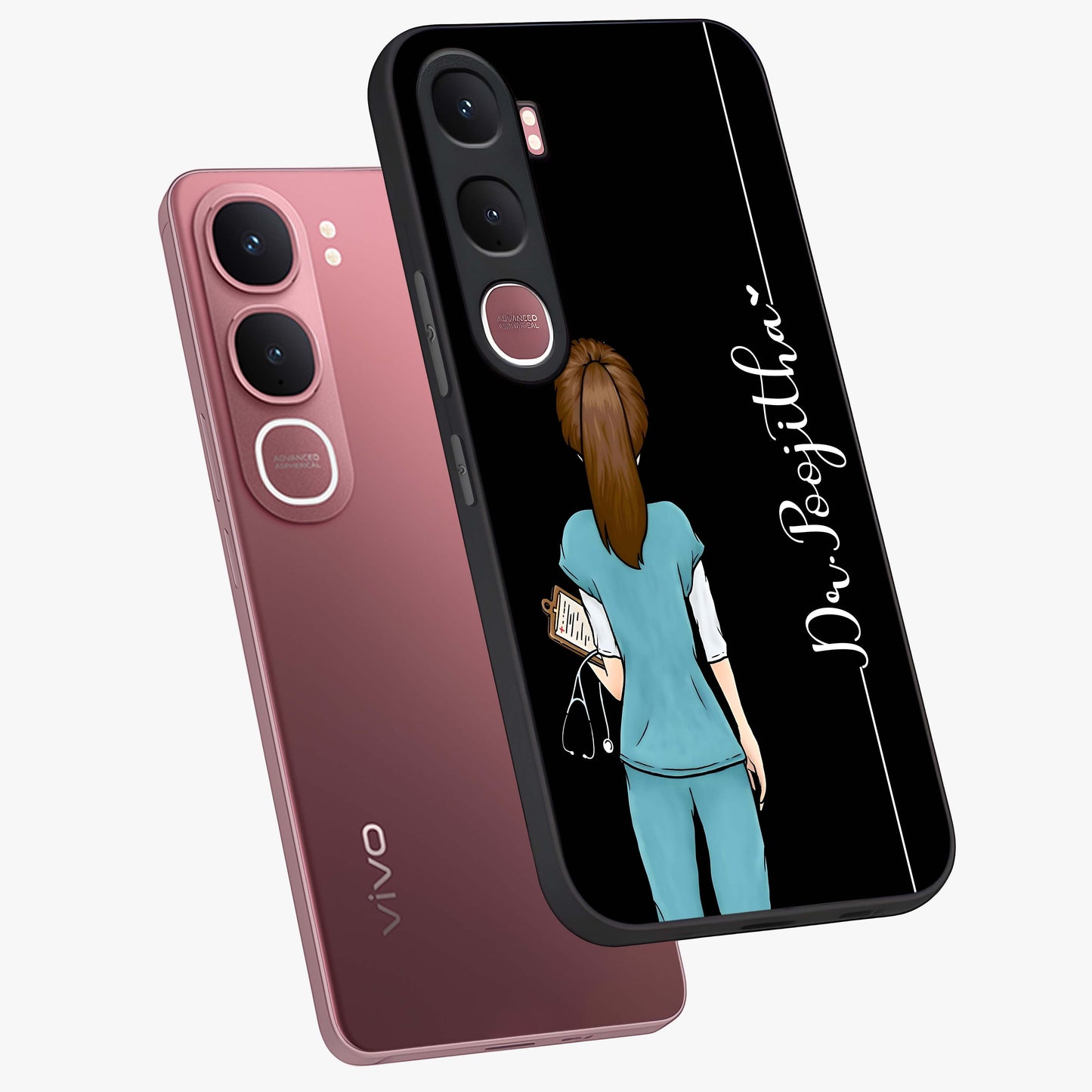 Doctor Pattern Custom Name Glass Case displayed in angled mockup highlighting doctor inspired artwork with custom name feature.