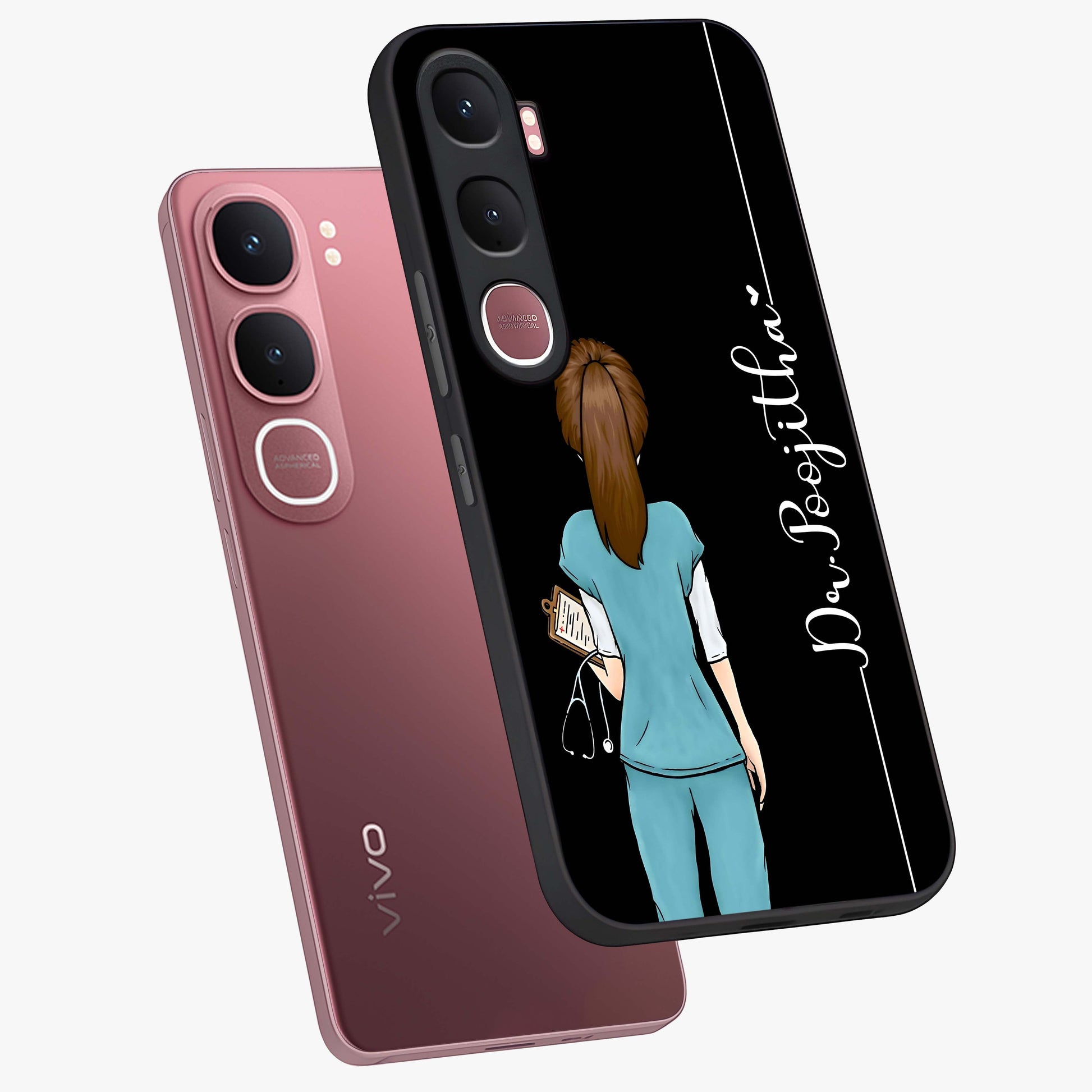 Doctor Pattern Custom Name Glass Case displayed in angled mockup highlighting doctor inspired artwork with custom name feature.