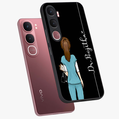 Doctor Pattern Custom Name Glass Case displayed in angled mockup highlighting doctor inspired artwork with custom name feature.