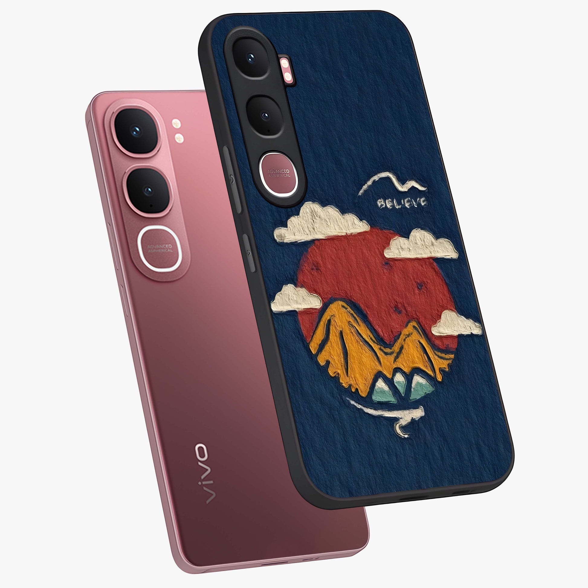 Dream Beyond Mountains Glass Case displayed in angled mockup highlighting dreamy mountain illustration with peaceful aesthetic.