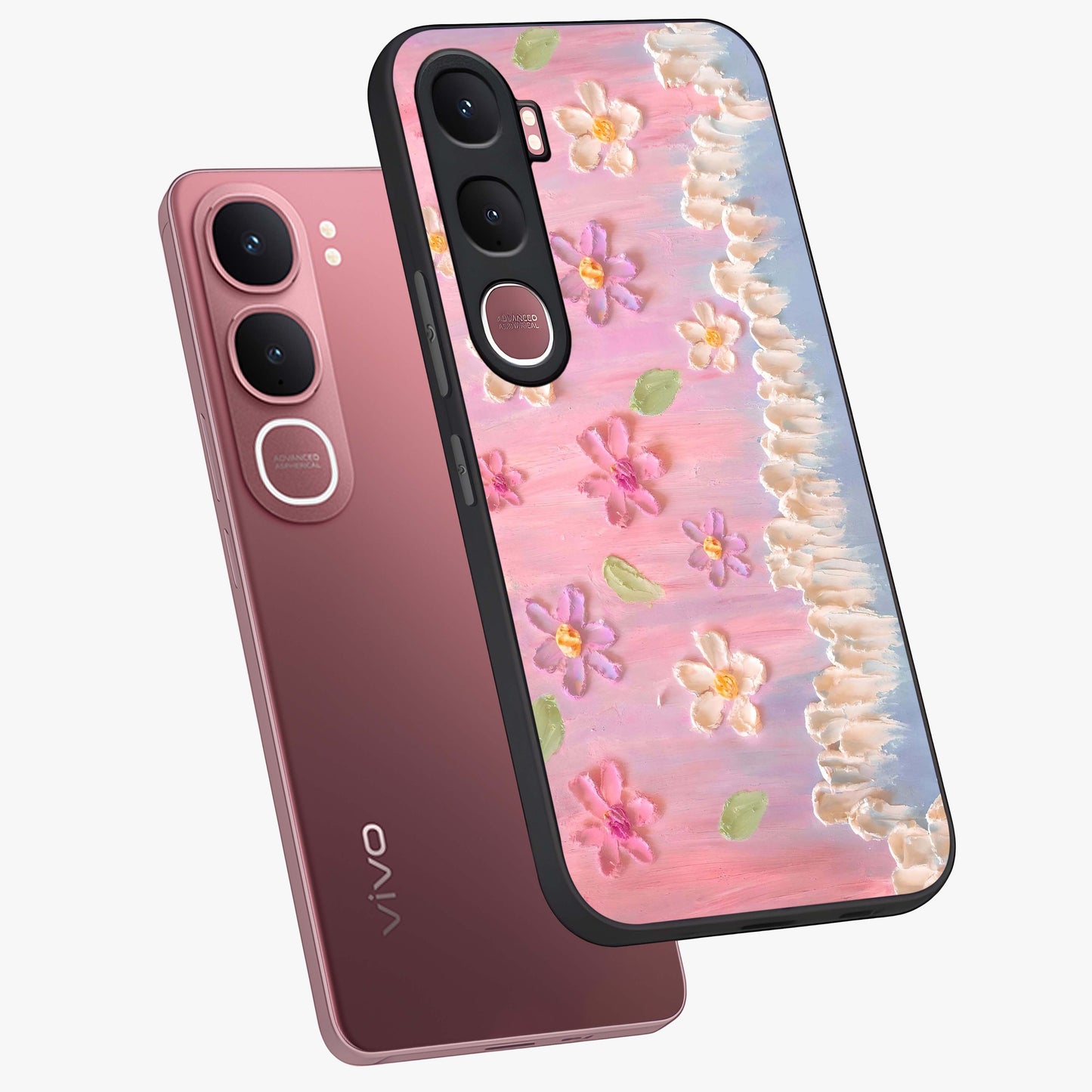 Dreamy Painted Garden Glass Case displayed in angled mockup highlighting colorful garden illustration with dreamy aesthetic style.