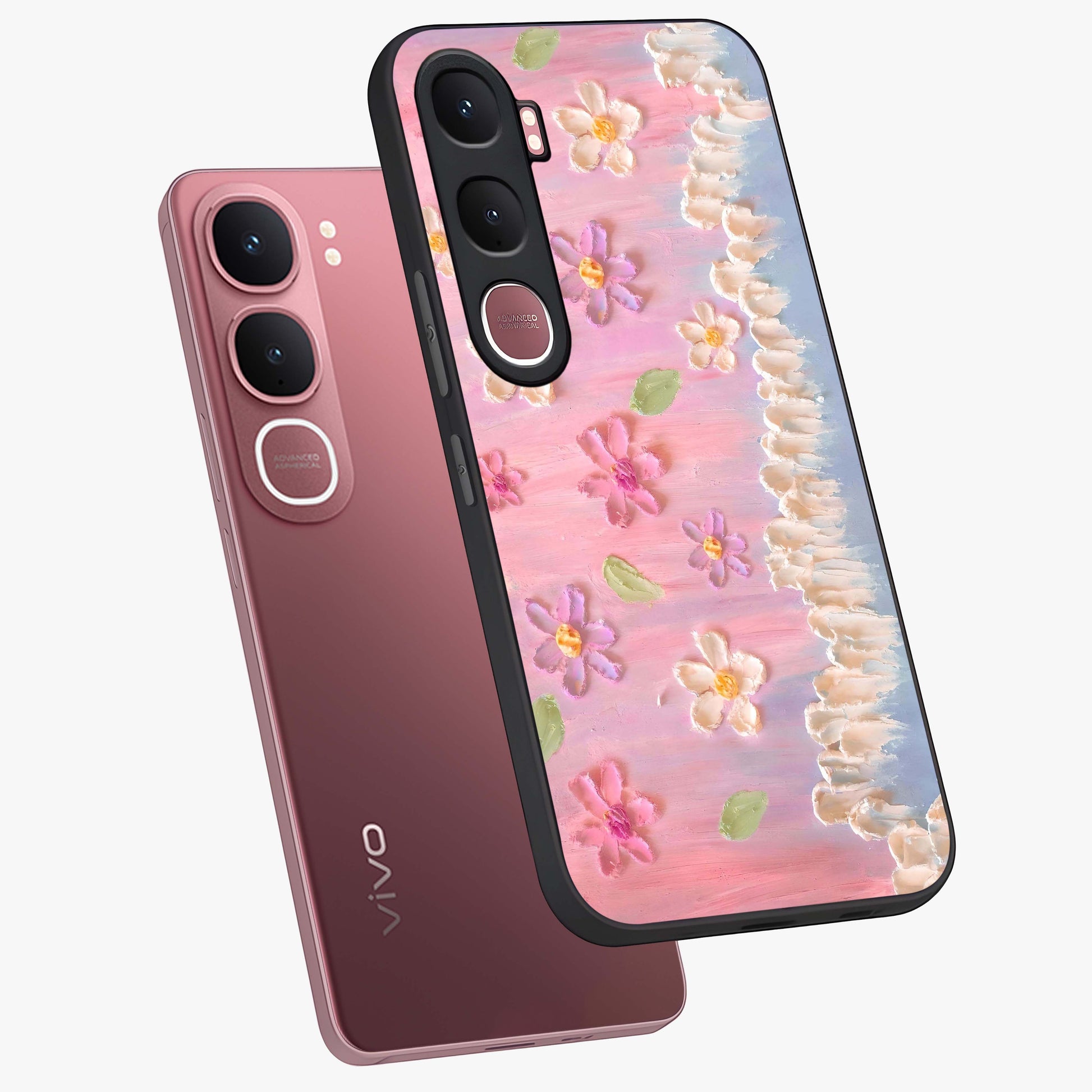 Dreamy Painted Garden Glass Case displayed in angled mockup highlighting colorful garden illustration with dreamy aesthetic style.
