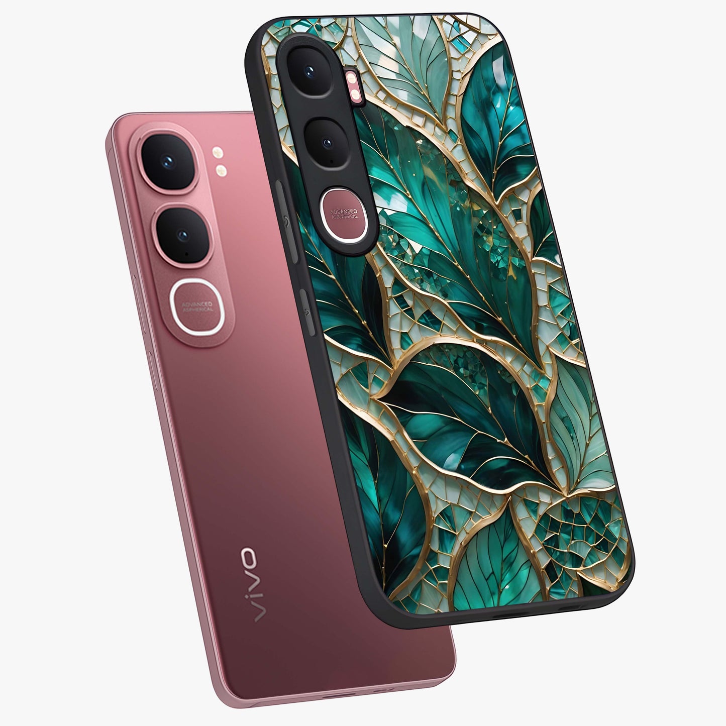 Emerald Leaf Glass Glass Case displayed in angled mockup highlighting botanical leaf illustration with elegant natural aesthetic.