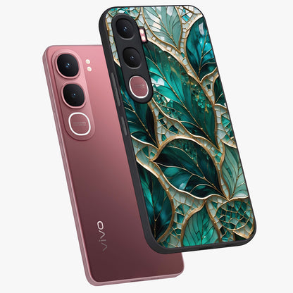Emerald Leaf Glass Glass Case displayed in angled mockup highlighting botanical leaf illustration with elegant natural aesthetic.