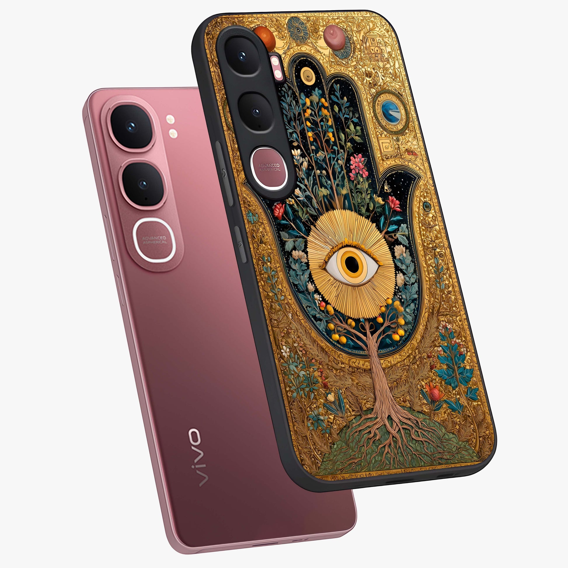 Ethereal Evil Eye Glass Case displayed in angled mockup highlighting protective evil eye symbol with spiritual aesthetic design.