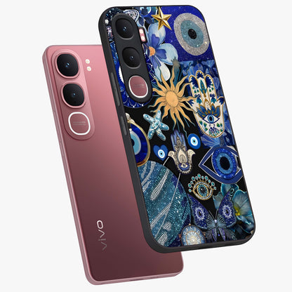 Evil Eye Charm Mix Glass Case displayed in angled mockup highlighting protective evil eye symbols with spiritual aesthetic design.