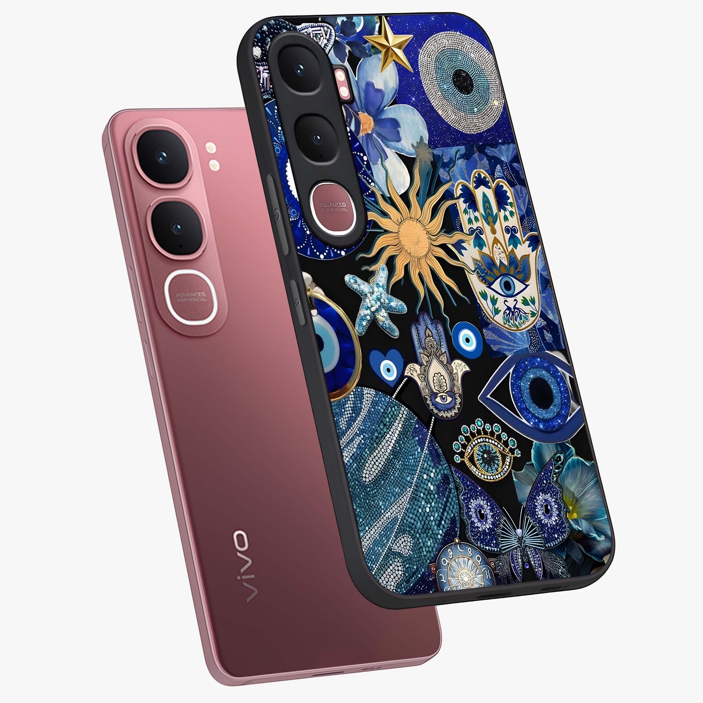 Evil Eye Charm Mix Glass Case displayed in angled mockup highlighting protective evil eye symbols with spiritual aesthetic design.