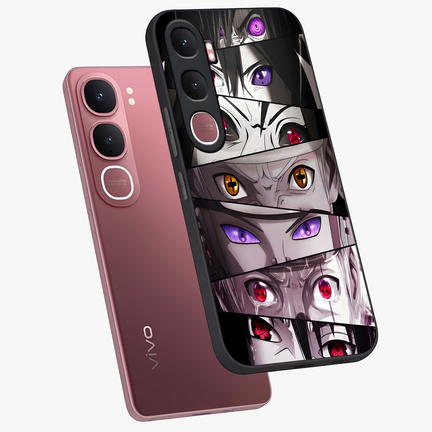 Eyes of Destiny Glass Case displayed in angled mockup highlighting bold eye illustration with mystical aesthetic style.