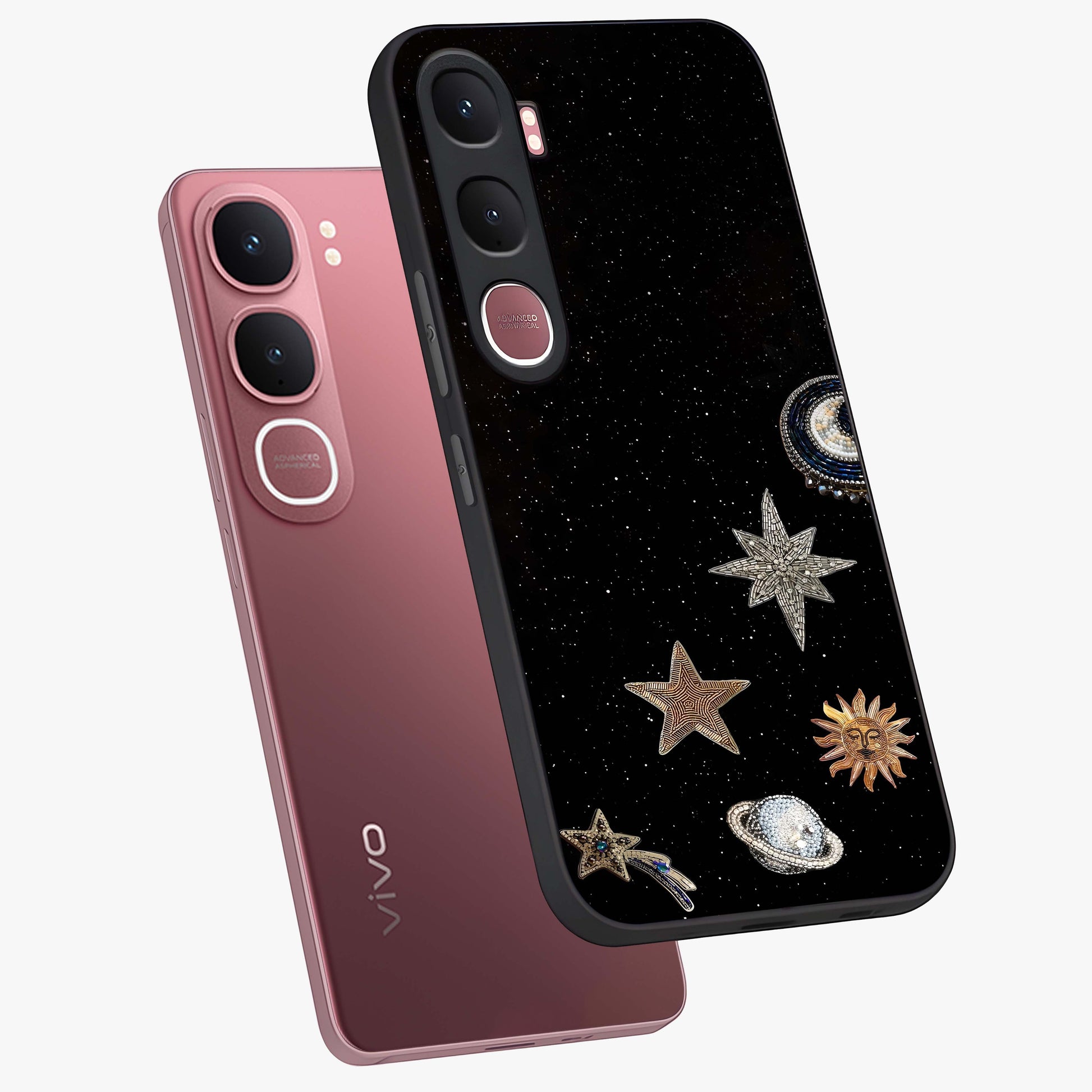 Galactic Charm Glow Glass Case displayed in angled mockup highlighting luminous galaxy inspired design with dreamy aesthetic.