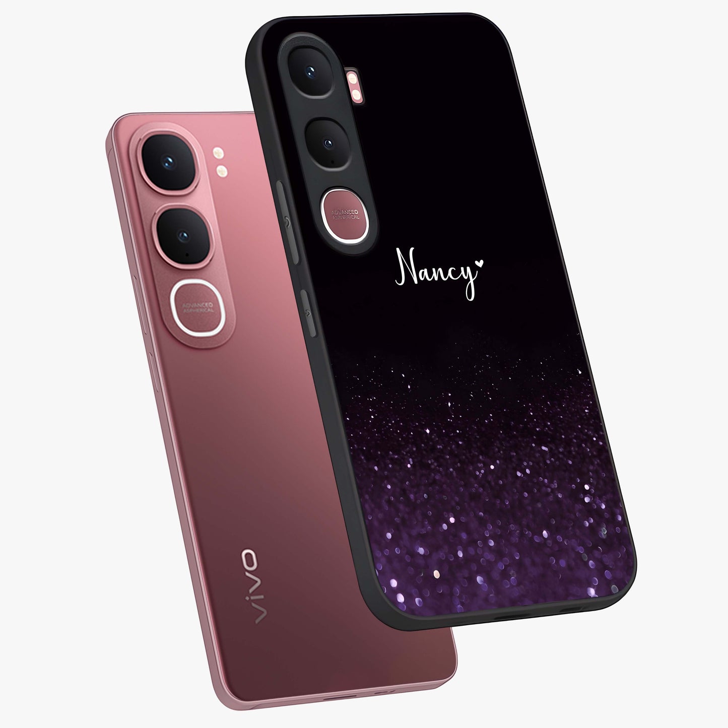 Glittery Purple Bokeh Custom Name Glass Case displayed in angled mockup highlighting glitter bokeh pattern with custom name feature.