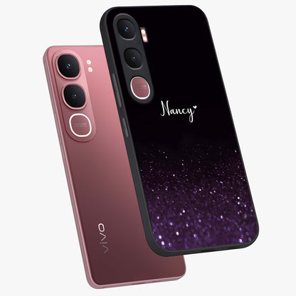Glittery Purple Bokeh Custom Name Glass Case displayed in angled mockup highlighting glitter bokeh pattern with custom name feature.