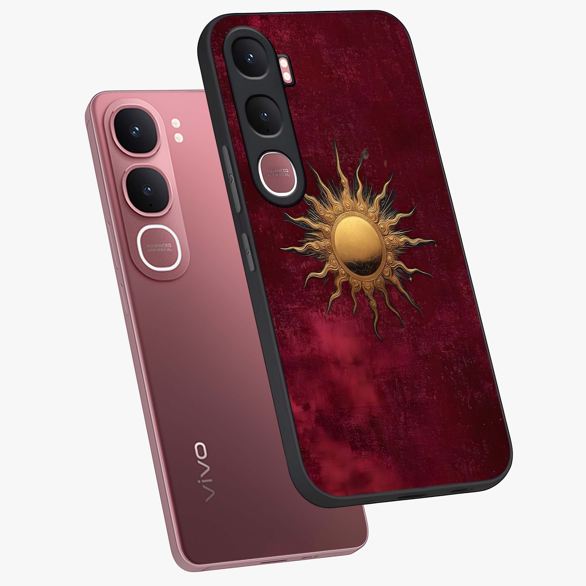 Golden Sun Minimalism Glass Case displayed in angled mockup highlighting clean sun symbol design with modern minimal aesthetic.