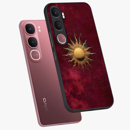 Golden Sun Minimalism Glass Case displayed in angled mockup highlighting clean sun symbol design with modern minimal aesthetic.