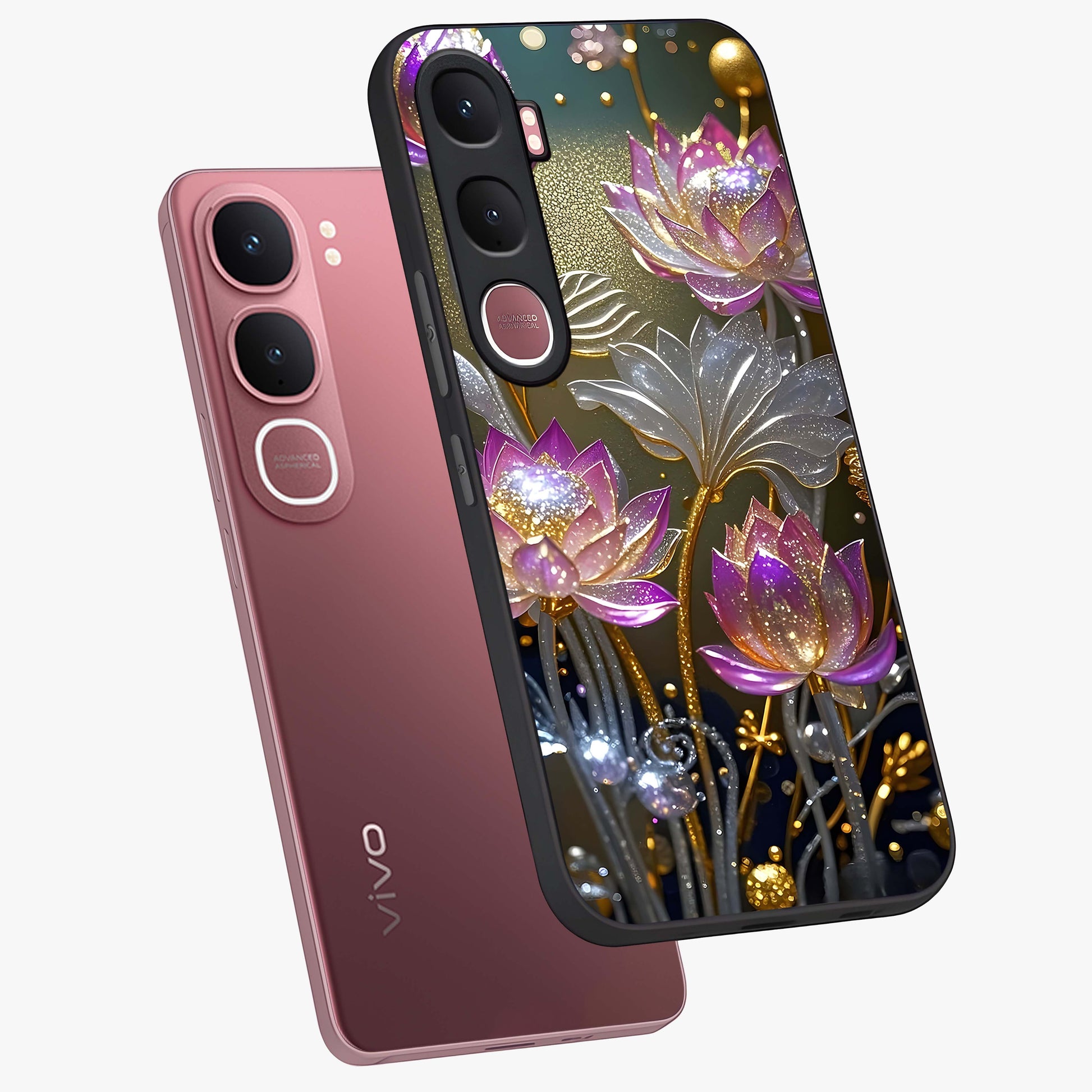 Golden Floral Majesty Glass Case displayed in angled mockup highlighting elegant flower design with royal golden aesthetic.