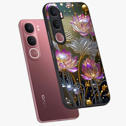 Golden Floral Majesty Glass Case displayed in angled mockup highlighting elegant flower design with royal golden aesthetic.