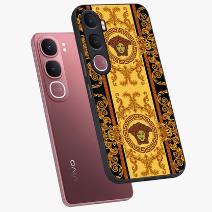 Golden Lotus Glow Glass Case displayed in angled mockup highlighting radiant lotus illustration with spiritual aesthetic.