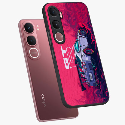 GT-R Car Pattern Glass Case displayed in angled mockup highlighting racing car graphic design with bold automotive aesthetic.
