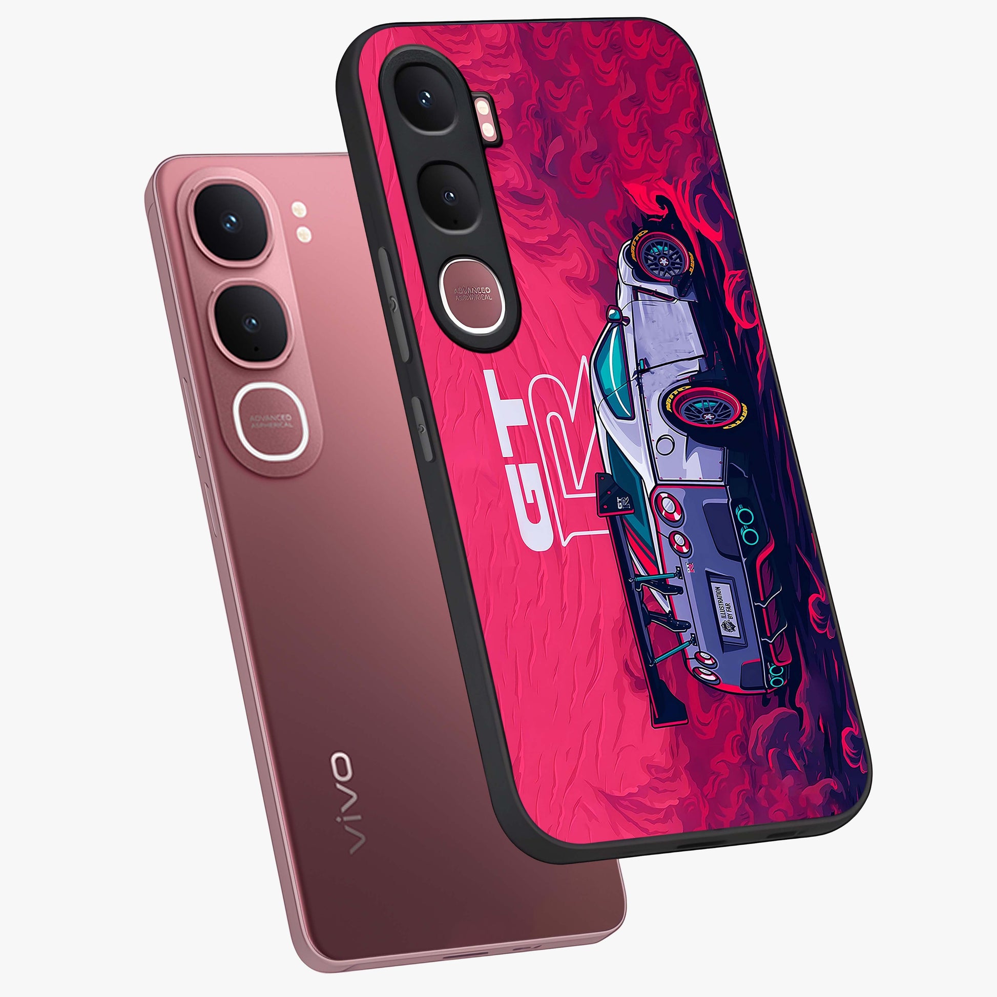 GT-R Car Pattern Glass Case displayed in angled mockup highlighting racing car graphic design with bold automotive aesthetic.