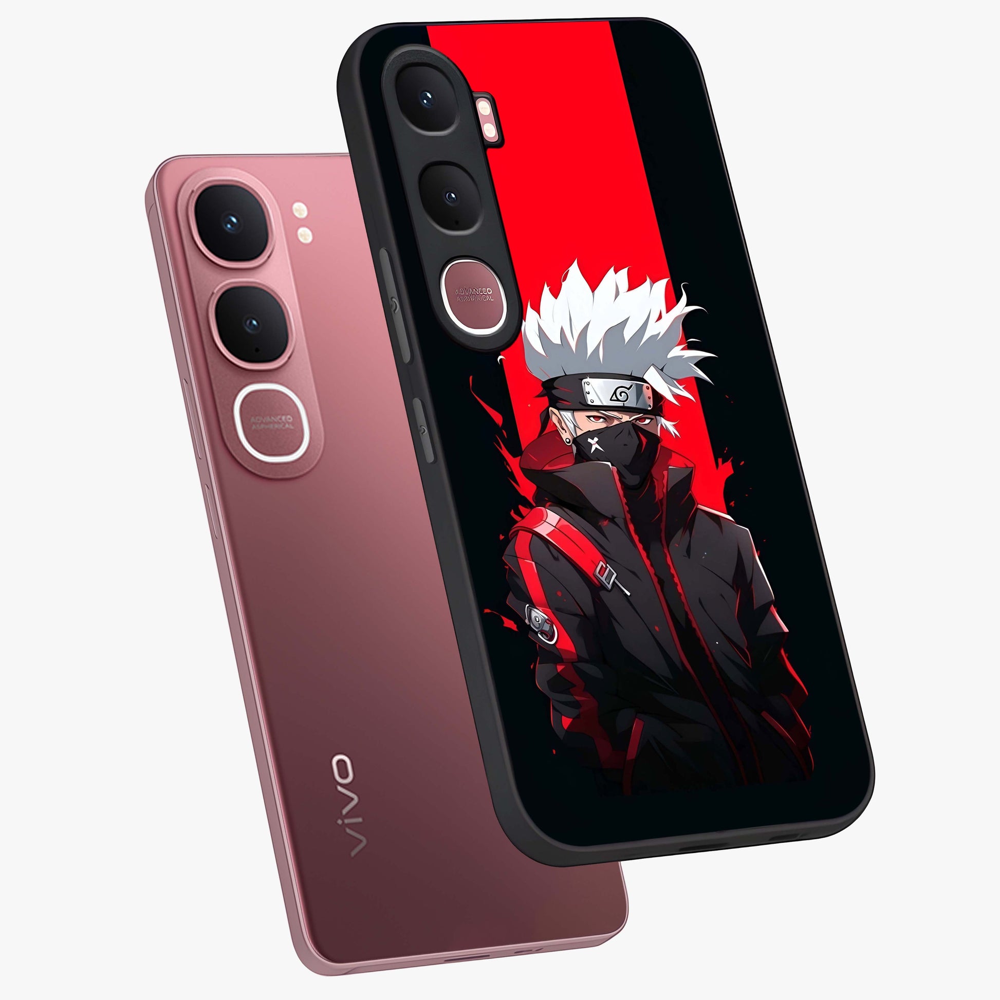 Kakashi Scarlet Shadow Glass Case displayed in angled mockup highlighting dramatic ninja illustration with scarlet themed aesthetic.