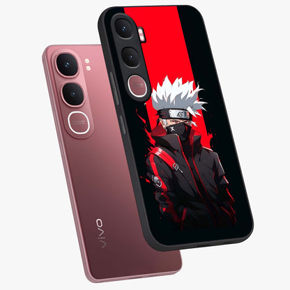 Kakashi Scarlet Shadow Glass Case displayed in angled mockup highlighting dramatic ninja illustration with scarlet themed aesthetic.