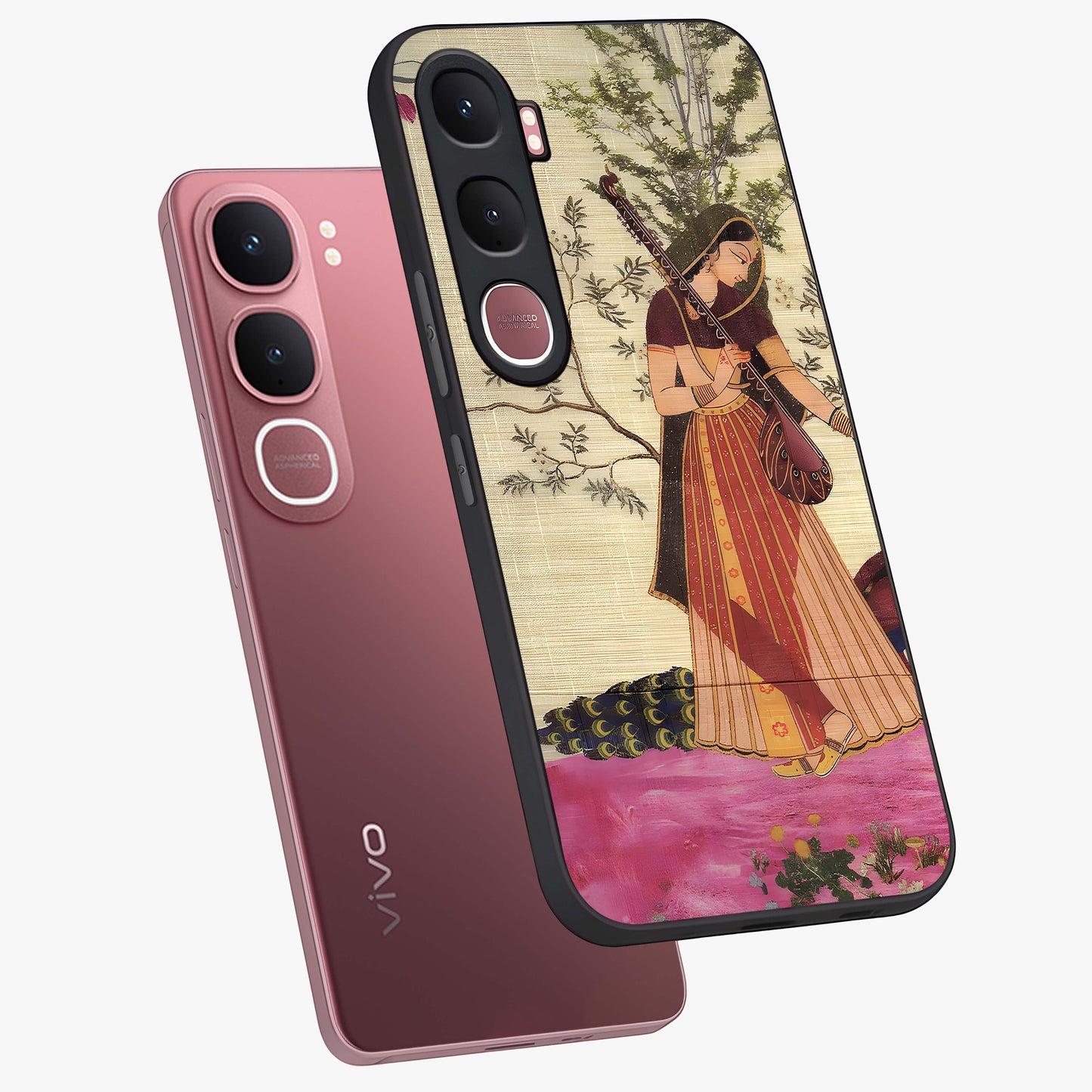 Lady With Veena Art Glass Case displayed in angled mockup highlighting graceful musical illustration with cultural artistic aesthetic.
