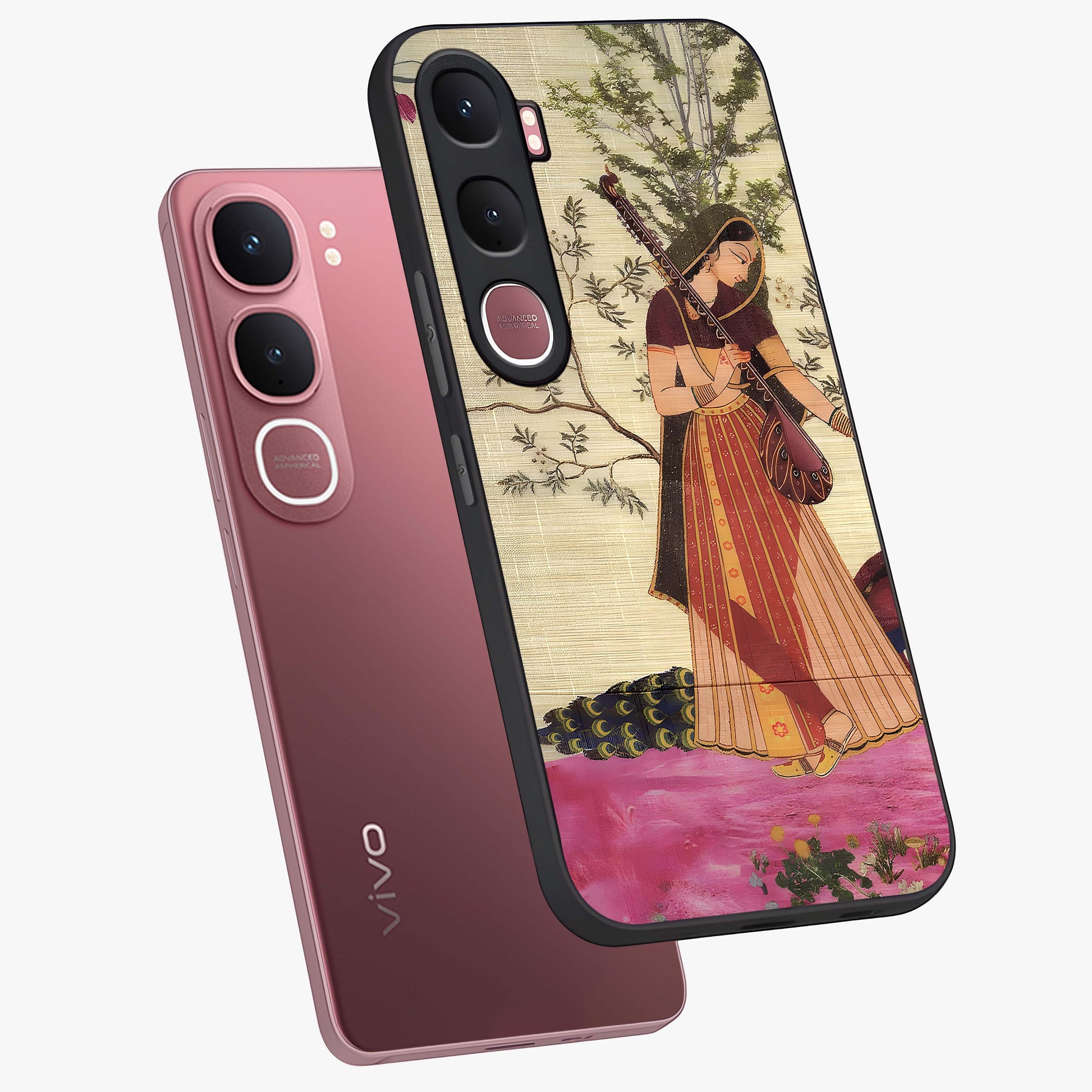 Lady With Veena Art Glass Case displayed in angled mockup highlighting graceful musical illustration with cultural artistic aesthetic.