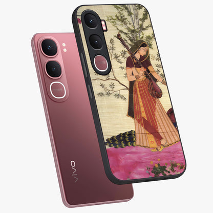 Lady With Veena Art Glass Case displayed in angled mockup highlighting graceful musical illustration with cultural artistic aesthetic.