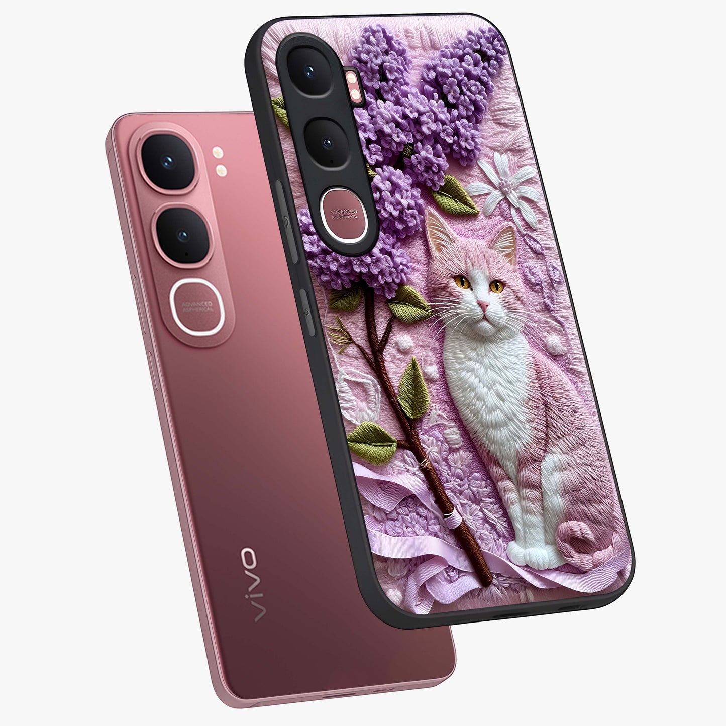 Lavender Cat Whimsy Glass Case displayed in angled mockup highlighting playful feline illustration with pastel lavender aesthetic.
