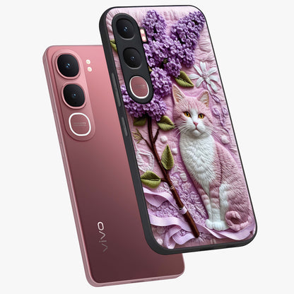 Lavender Cat Whimsy Glass Case displayed in angled mockup highlighting playful feline illustration with pastel lavender aesthetic.