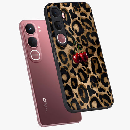 Leopard Wild Cherry Glass Case displayed in angled mockup highlighting bold animal print design with playful cherry aesthetic.