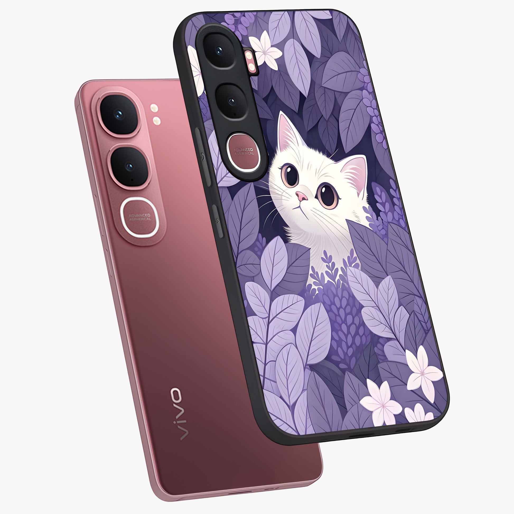 Lilac Hide Peek Cat Glass Case displayed in angled mockup highlighting playful feline illustration with lilac aesthetic design.