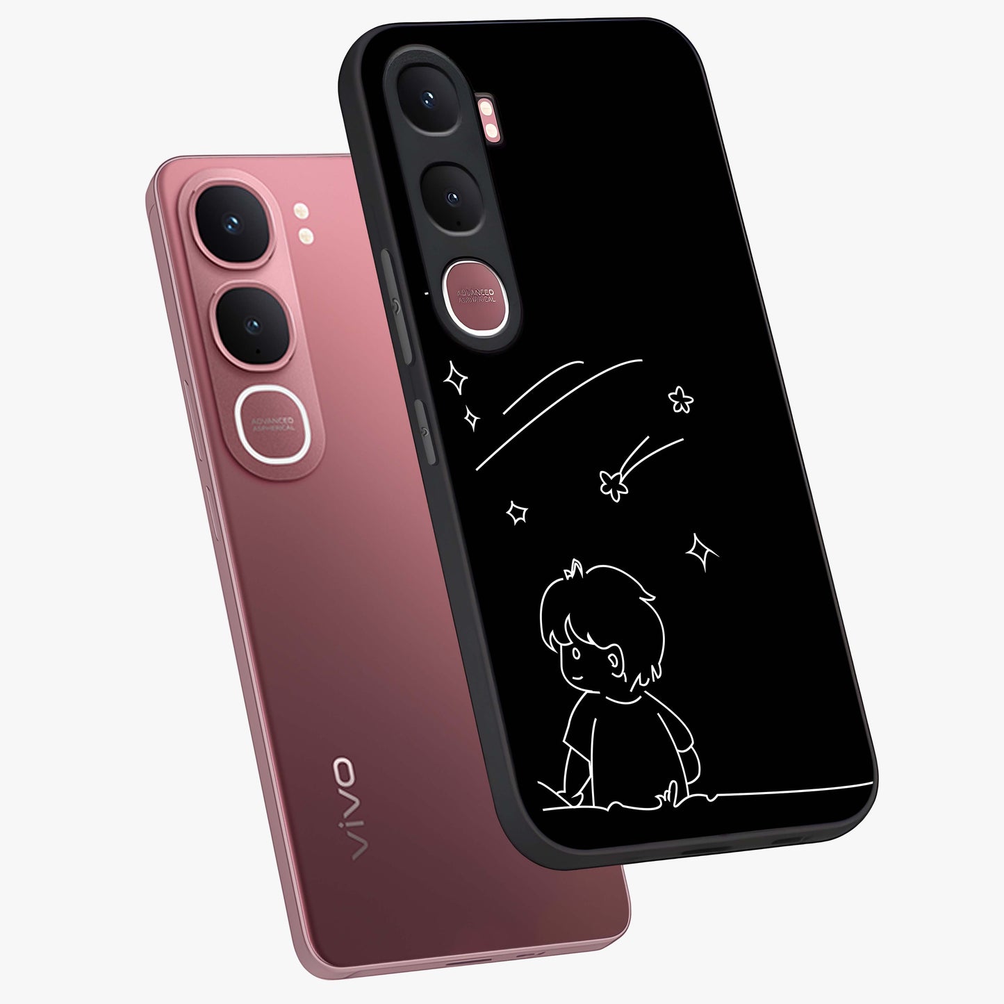 Line Art Boy With Shooting Stars Glass Case displayed in angled mockup highlighting elegant line art design with dreamy star aesthetic.